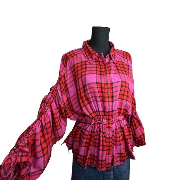 WE THE FREE Pacific Dawn Plaid Shirt Red Pink Cinch Waist Tie Back Size Large - Picture 6 of 16